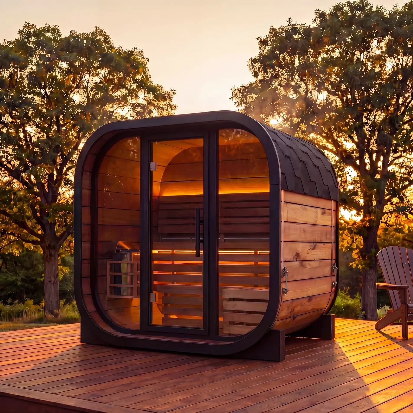 Bettr Ritual at dusk — heated cabin glowing through the tempered glass door.