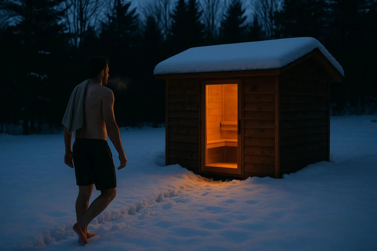 Walking toward a backyard sauna at dusk.