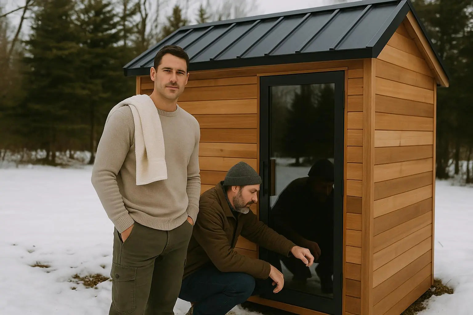 An outdoor sauna installed in a backyard.