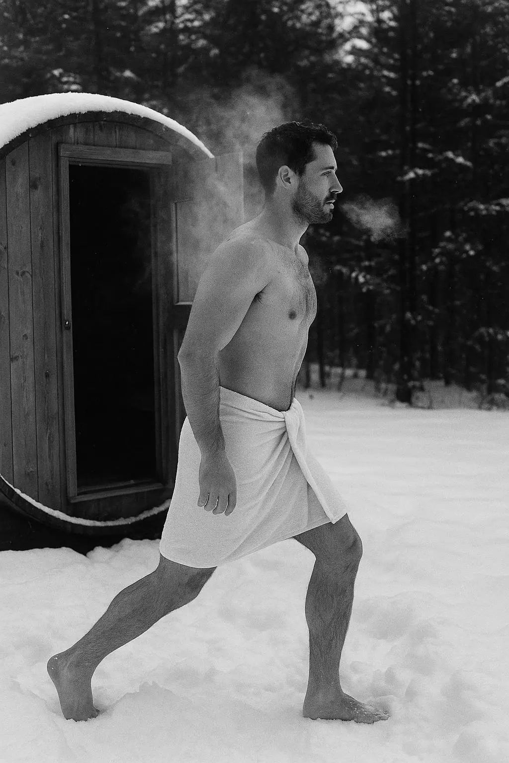 Bettr owner stepping out of a Ritual sauna into the snow.