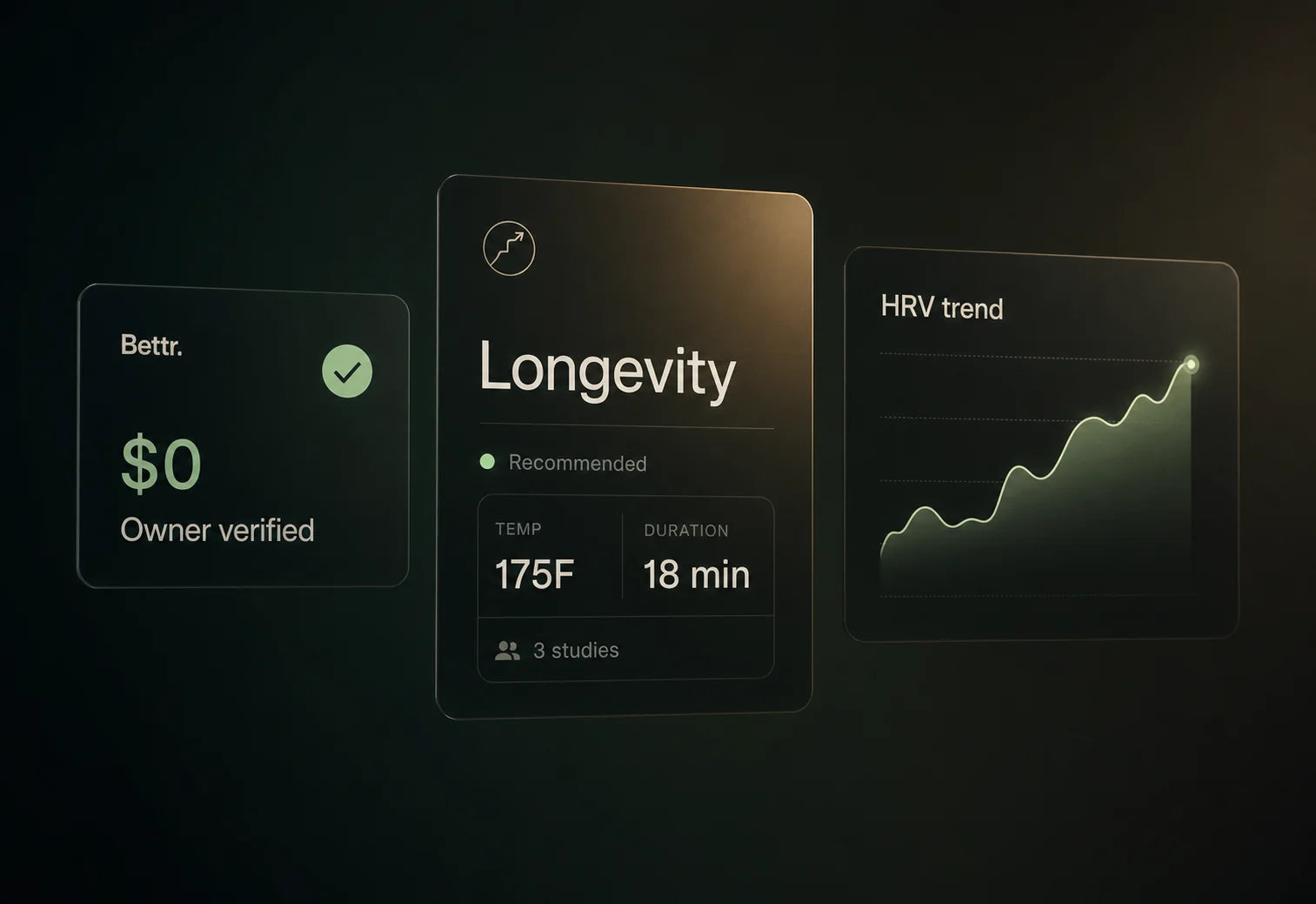 Bettr Wellness Club app — owner unlock, goal selection, HRV trend, cited recommendation.