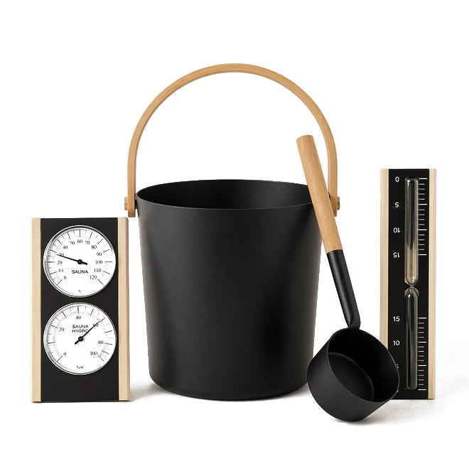 Bucket, ladle, thermometer, and sandglass timer