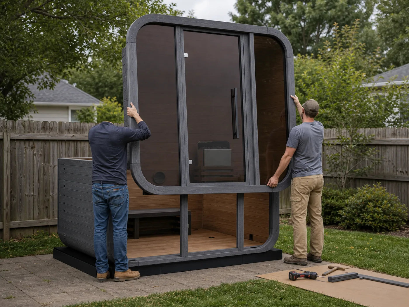 Two people fitting a pre-assembled sauna wall panel in a backyard