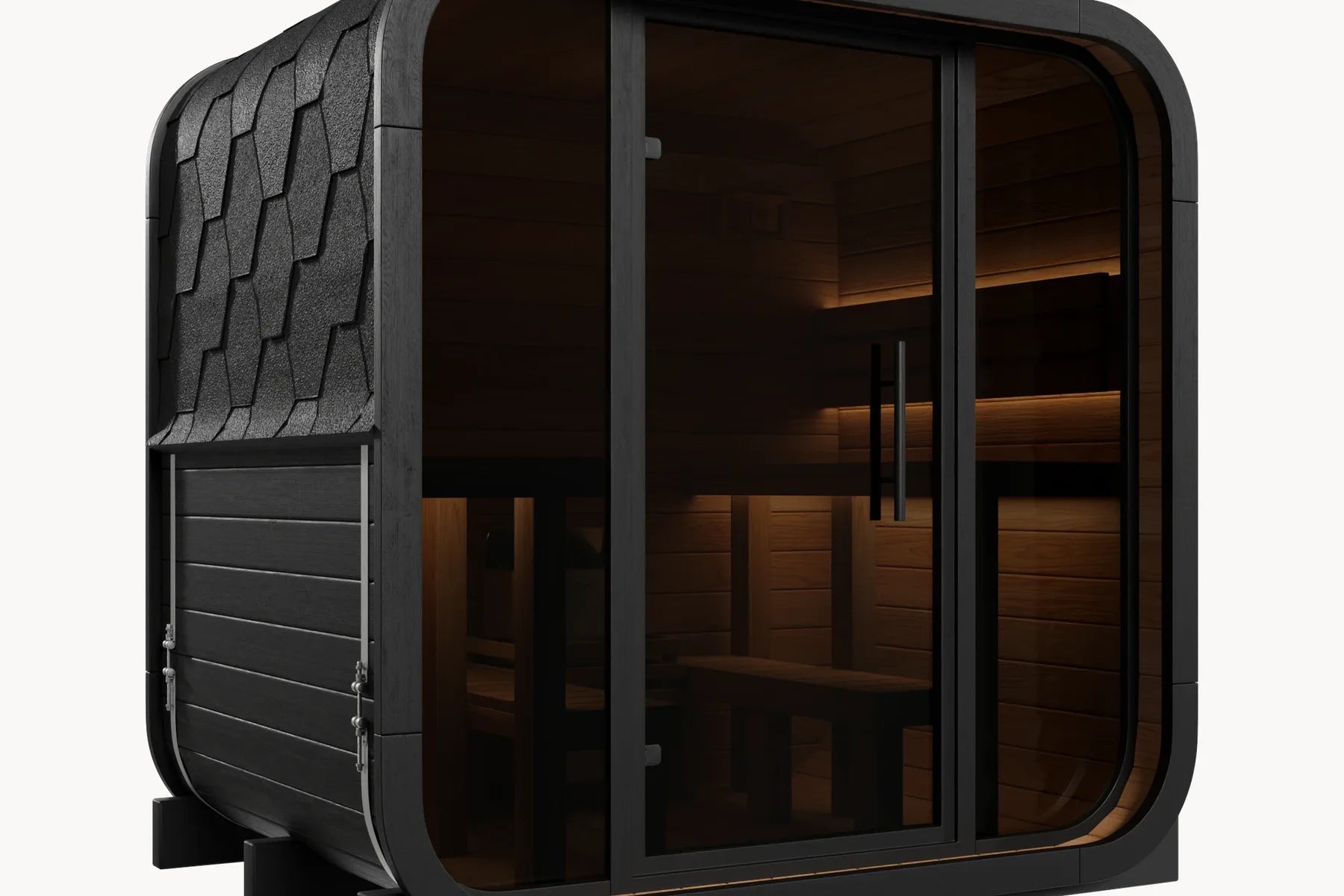 Bettr Ritual 4-Person outdoor sauna in a backyard, full glass front