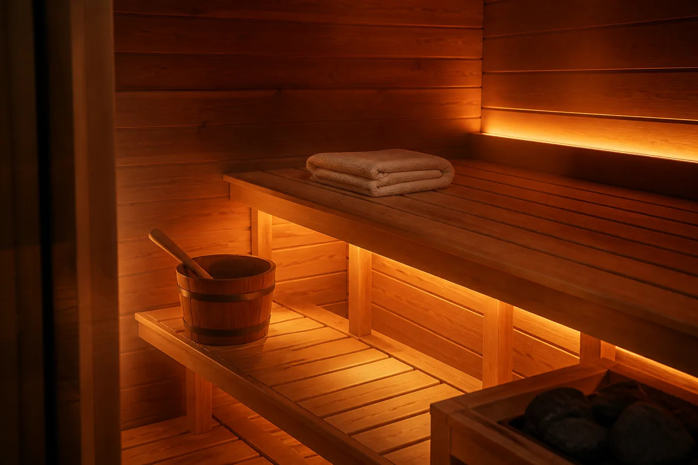 Warm Ritual interior with two bench levels, towel and bucket