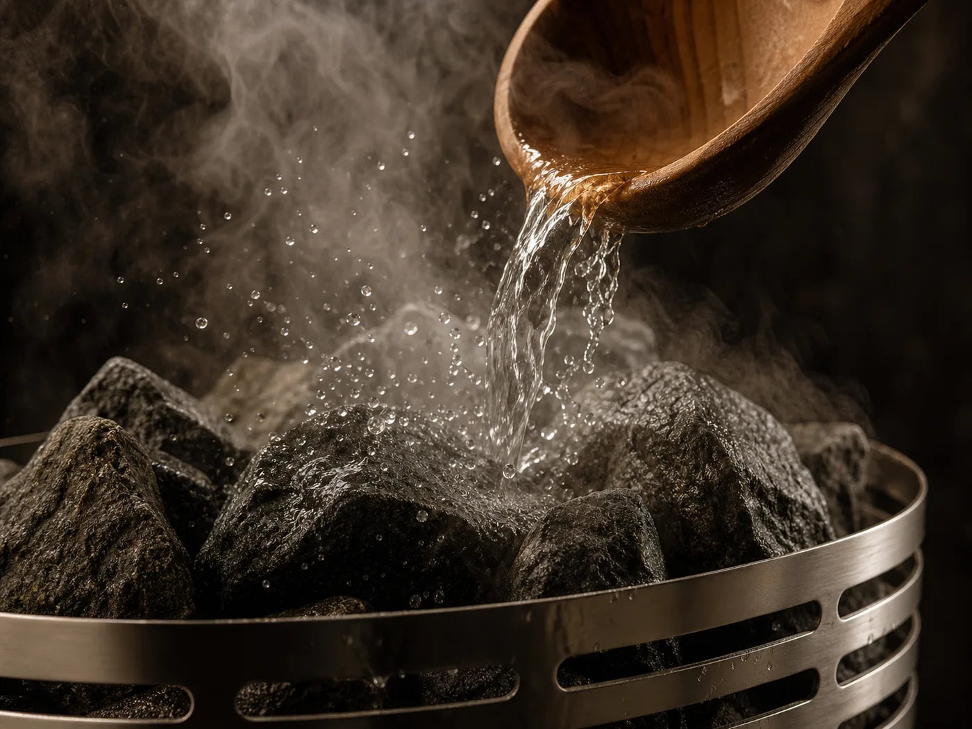 Water hitting hot Harvia stones with a burst of steam
