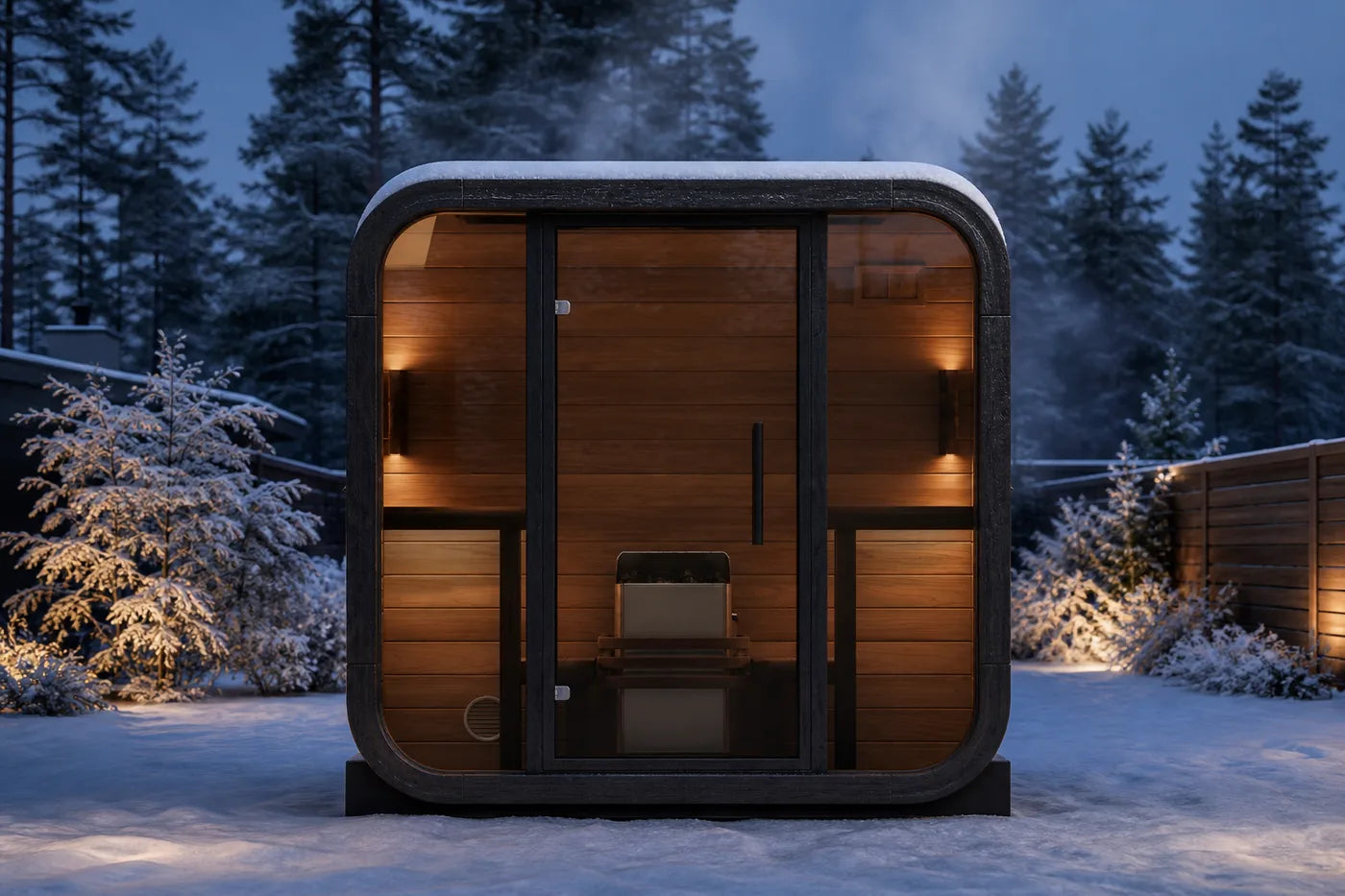 Ritual sauna holding heat in a snowy backyard at dusk