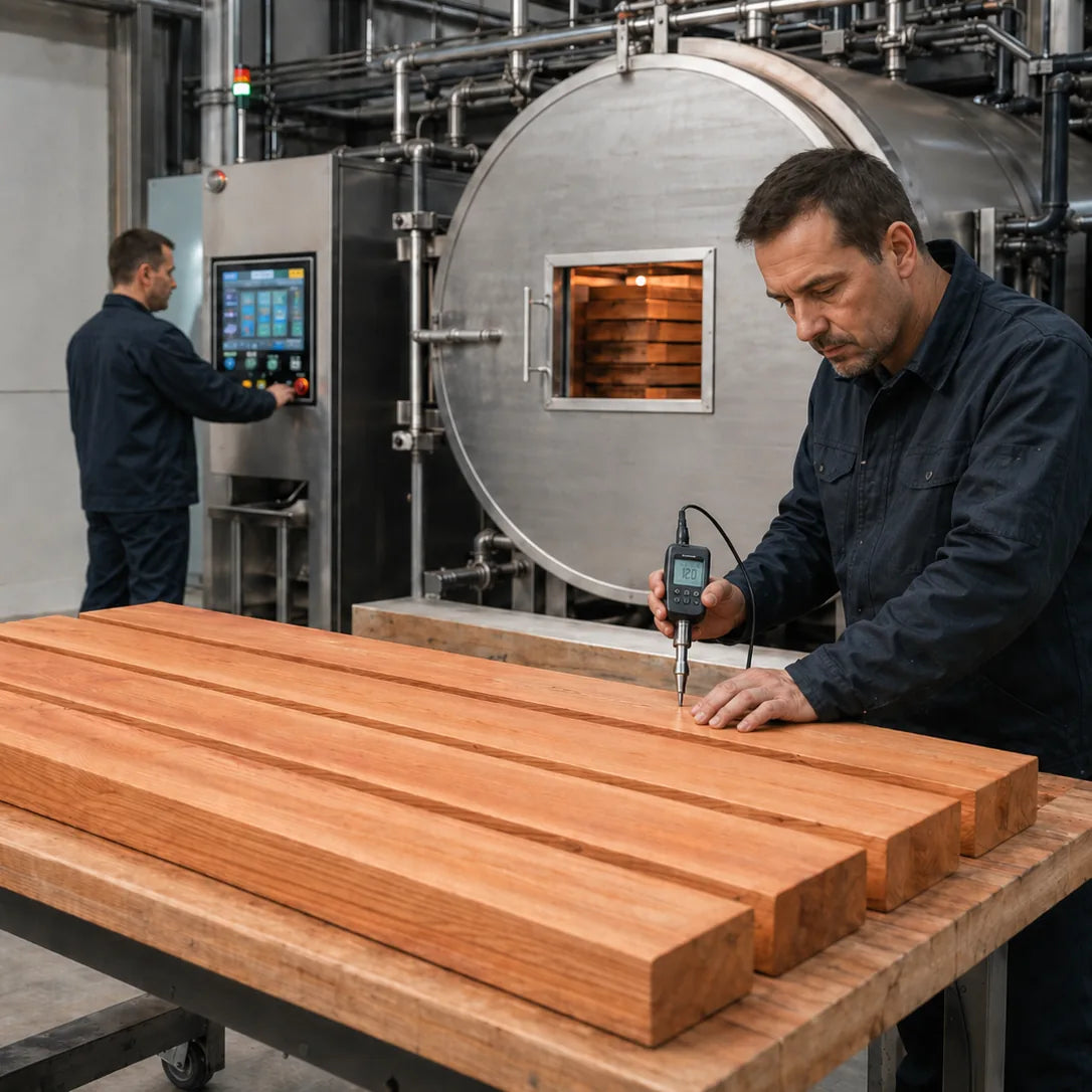 Untreated and heat-treated timber samples placed side by side