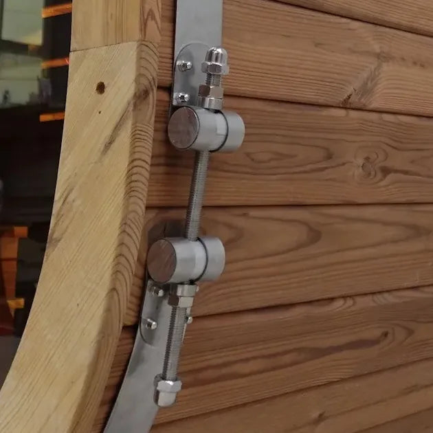 2-inch brushed steel strapping on the corner of a Bettr sauna